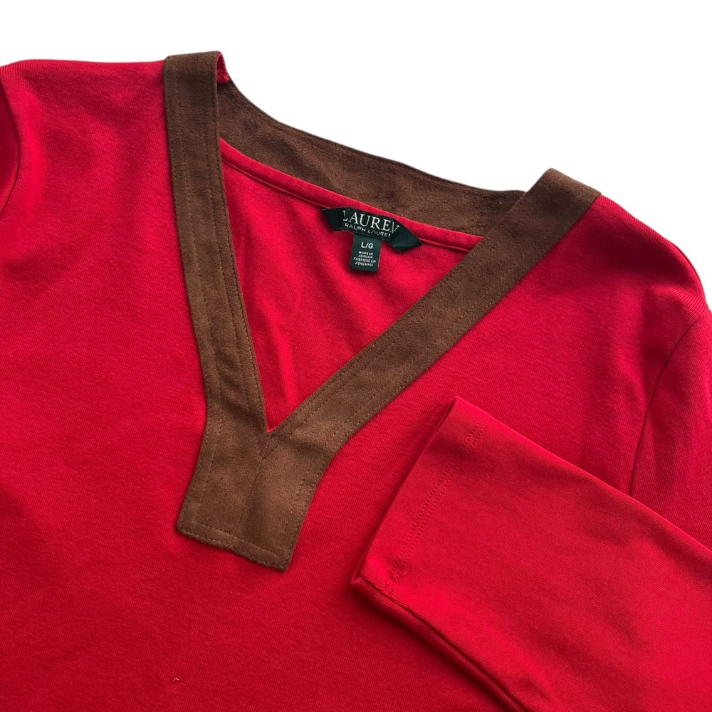 Lauren Ralph Lauren L Red 3/4 Sleeves V Neck Brown Faux Suede Trim Blouse Preppy
